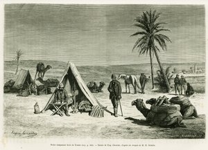 托泽尔附近的旅行者营地。 由 Eugene Girardet 雕刻，以说明 R.Cagnat 和 H.Saladin 在 1886 年世界之旅中的故事突尼斯航行，由 Edouard Charton（1807-1890）执导，巴黎阿歇特。 作者 尤金·亚历克西斯·吉拉德（Eugene Alexis Girardet）