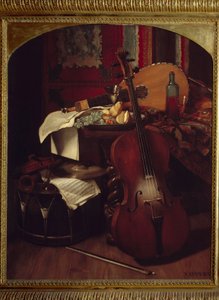 静物与乐器。 尤金·阿佩尔 (Eugene Appert) 的绘画 (1814 - 1867)