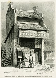蒙凯的房子。尤金-伯南（Eugene Burnand）的版画，为P.Neiss医生的故事《Sur les frontières du Tonkin》作插图，载于1888年的《世界之旅》，由爱德华-查顿（1807-1890）执导，巴黎哈谢特出版社。 作者 尤金·伯恩（Eugene Burnand）