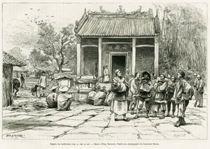 会议塔，蒙凯。尤金-伯南的版画，为P.Neiss医生的故事《Sur les frontières du Tonkin》作插图，载于1888年的《世界之旅》，由爱德华-沙特（1807-1890）导演，巴黎Hachette出版社。 作者 尤金·伯恩（Eugene Burnand）