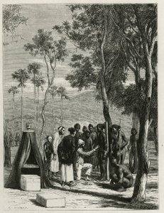 Harmand 博士对土著 Khas 进行了人类学测量，这是一个 Attopeu（老挝），由 Eugene Burnand 雕刻，以说明 Harmand 博士在 1877 年发表在《世界之旅》上的老挝和印度支那野生种群的故事， 在下面 作者 Eugene Burnand