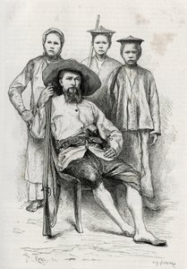 作者的肖像，围绕着他的旅行伙伴。Eugene Burnand的雕刻，为P.Neis博士1880年的故事《上老挝之旅》作插图。发表于《世界之旅》，新的旅行杂志，1885年第二学期，由埃杜编辑。 作者 尤金·伯恩（Eugene Burnand）