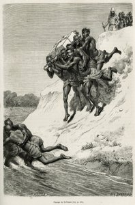 河流Se Touon(Se Touon)的段落，背景是旅行者叙述者的肖像，根据尤金-伯南德的画作刻制，以说明老挝和印度支那野生人口的故事，由哈曼德医生于1877年出版。 作者 尤金·伯恩（Eugene Burnand）