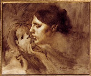 Eugene Carriere (1849-1906) 的《母亲之吻》 19 世纪 0.46 x 0.55 m 巴黎，奥赛博物馆 作者 欧仁·卡里尔（EugèneCarrière）