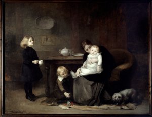 生病的孩子 寡妇母亲亲吻她生病的孩子。 Eugene Carriere (1849-1906) 1885 年作画。 2x2,46 m 巴黎，奥赛博物馆
