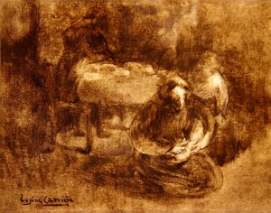 女人在打孩子的鞋带（布面油画） 作者 欧仁·卡里尔（EugèneCarrière）
