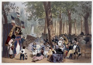 19 世纪巴黎香榭丽舍大街上的 guignols 表演。 Eugene Guerard (1821-1866) 的版画 19 世纪巴黎，Musee Carnavalet