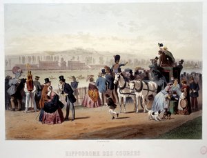 19 世纪 Eugene Guerard（1821-1866）在 Bois de Boulogne 石版画上看到的赛马场。 巴黎，卡纳瓦莱博物馆 作者 尤金·查尔斯·弗朗索瓦·瓜拉德