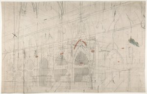 巴黎歌剧院的舞台布景设计：教堂内部，1830-90。 作者 尤金·西塞里