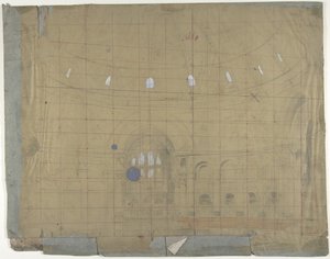 巴黎歌剧院的舞台布景设计：教堂内部，1830-90。 作者 尤金·西塞里