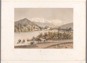 Zicht op Saint-Martin-sur-Arve en de Mont Blanc
圣马丁和勃朗峰（物上标题）
Gezichten in Zwitserland, Savoye en Tirol（系列标题）
瑞士、萨瓦和蒂罗尔（文物上的系列名称） 作者 尤金·西塞里