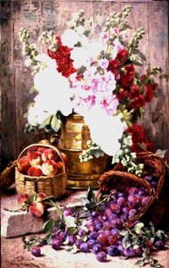 铜瓮中的花和篮子里的水果的静物画 作者 尤金·克劳德（Eugene Claude）