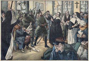1914年，第一次世界大战：被称为 "朱莉修女 "的阿米莉-里加德（Amelie Rigard）保护她医院的伤员不受德国士兵的伤害。格尔贝维勒，默尔特和摩泽尔（54）。丹布兰斯的插图。在5月17日的 "Le Pelerin "中
