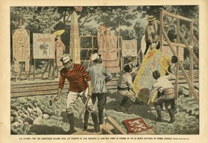 Eugene Damblans (1865-1945)在Le Pelerin的插图，03/09/05 - 日本人在铁路沿线用各种形状的海报为他们的工业产品做了巨大的宣传 - 广告，日本，铁路列车，海报 海报 作者 尤金·丹布拉斯