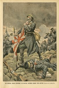 Illustration of Eugene Damblans (1865-1945) in Le Pelerin, 01/01/05 - A Russian corporal tearing a Japanese flag in front of Port Arthur - Russia, Japan, Port Arthur, Russian-Japanese War, Fighting, Rifles - Soldiers, Corporal