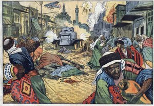 在飞机和莫里斯-萨雷尔将军（1856-1929年）的法国军队的自机枪（self-machine gun）攻击大马士革（叙利亚）时，德鲁兹人（Druses）在街上进行抢劫。丹布兰斯的插图。在11月15日的 "Le Pelerin "中