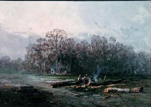 朦胧的风景与樵夫（布面油画） 作者 尤金·德海斯（Eugene Deshayes）