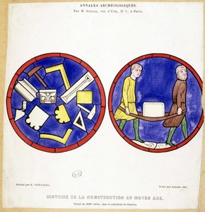中世纪的建筑历史：沙特尔大教堂中 13 世纪彩色玻璃窗的 Fac simile - Eugene Viollet-le-Duc (Viollet le Duc) (1814-1879) 的画作，并带有几个 maconic 符号。 作者 尤金·伊曼纽尔（Eugene Emmanuel）（后）Viollet le Duc