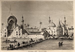 巴格达的一座船桥，由Eugene Flandin（1809-1876）绘制，以说明他在1840-1842年的美索不达米亚航行。1861年 "世界之旅 "中的版画。塞尔瓦的收藏。