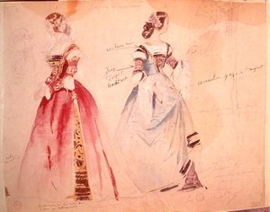 阿尔弗雷德-德-穆塞（1810-1857）创作《玛丽安的随想曲》时的两套女性服装设计（纸上水彩）。