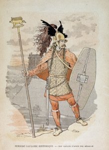 高卢领袖（在一枚奖章之后）：手持 "旗帜 "装饰的野猪教 - 在 "Illustrous Teaching Cahiers，青铜时代和高卢时代的战争服饰"，Grasset编辑 作者 尤金·格拉塞