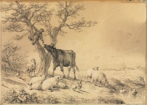 与动物和男孩在树上的风景，1866年。
