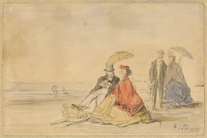 一对夫妇坐着，一对夫妇在海滩上散步，1865年。 作者 尤金·路易斯·布丁
