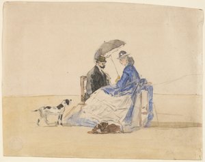 一对夫妇带着两条狗坐在海滩上，约1865年。 作者 尤金·路易斯·布丁