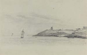 有航运的海岸风景，远处的风车，约1858年。 作者 尤金·路易斯·布丁