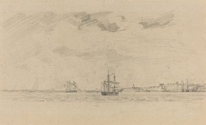 有航运的海岸景观，约1858年。 作者 尤金·路易斯·布丁
