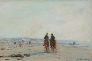 海滩上的两个骑兵，约1864年-68年（在纸上涂上蜡纸，放在纸上） 作者 尤金·路易斯·布丁