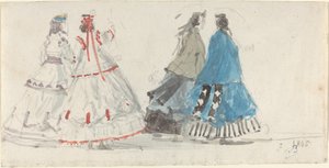 四位身穿木屐的女士在特鲁维尔散步，1865年。 作者 尤金·路易斯·布丁
