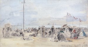 人们在海滩上，特鲁维尔，1866年（wc和纸上石墨） 作者 尤金·路易斯·布丁