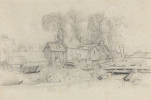 有建筑、船只和人物的河流景观，约1858年。 作者 尤金·路易斯·布丁