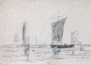 海上帆船（纸上洗涤和石墨） 作者 尤金·路易斯·布丁