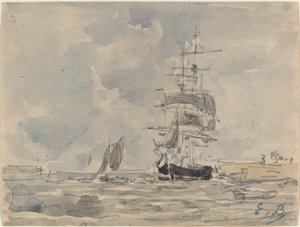 有帆船的海景画，约1875年。 作者 尤金·路易斯·布丁