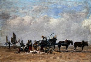 鱼车，贝尔克，约1880年（布面油画，铺在面板上）。 作者 尤金·路易斯·布丁