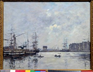 港口勒阿弗尔盆地的酒吧。 尤金·路易斯·布丹 (1824-1898) 的绘画 作者 尤金·路易斯·布丁