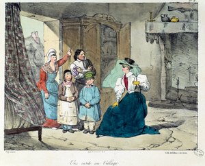 A visit to the village. A rich woman visits a poor family. Illustration of the book “La vie de chateau””. Engraving by Eugene Louis Lami (1800-1890) 作者 尤金·路易斯·拉米