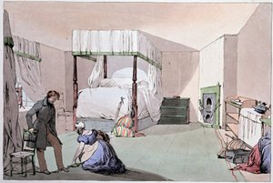 旅馆：一个仆人帮助顾客穿鞋。尤金-路易斯-拉米（1800-1890）的插图，19世纪中期 作者 尤金·路易斯·拉米
