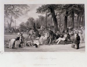 巴黎香榭丽舍大街 (Champs-Elysees) 上的乘客和步行者。 Eugene Louis Lami (1800-1890) 雕刻 1841 年私人收藏 作者 尤金·路易斯·拉米