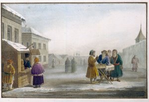 俄罗斯一家烟草店前的流动烟草商。尤金-普鲁哈特（1809-1880 年）的作品，石版画和水彩画