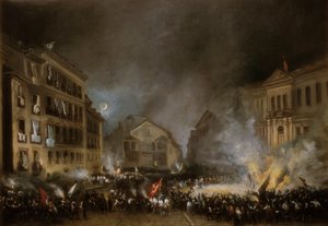 1854 年马德里太阳门革命的插曲。 Eugenio LUCAS VELAZQUEZ 的绘画 作者 欧金尼奥·卢卡斯·贝拉斯克斯