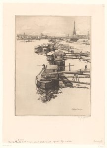 巴黎有杂货船的码头，背景是埃菲尔铁塔 作者 Eugène Bejot（艺术家签名）