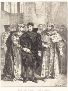 王后试图安慰哈姆雷特第一幕第二场，1834年。 作者 尤金·德拉克洛瓦