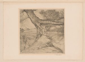 风景中的播种者和双手合十的卧者 作者 Eugène Joors（艺术家签名）