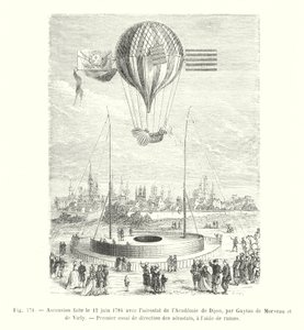 1784年6月12日由Guyton de Morveau和de Virly使用第戎学院的航空器进行的升空，这是航空器在桨的帮助下进行的第一次方向测试（雕刻）。 作者 欧洲学校