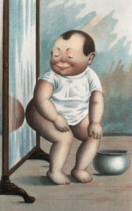 拿着镜子的婴儿（彩色平版） 作者 欧洲学校