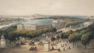 香榭丽舍大街和工业宫，为 1855 年法国巴黎万国博览会而建（彩色石版画） 作者 欧洲学校