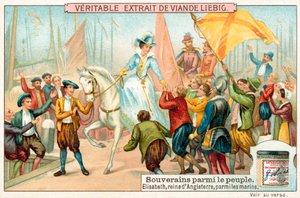 英格兰伊丽莎白一世在她的海军水手中的形象（chromolitho）。 作者 欧洲学校